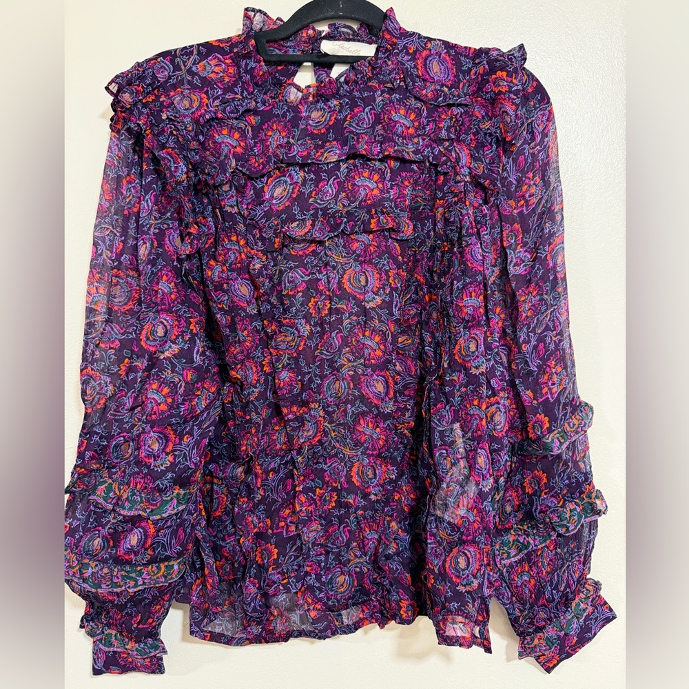 Cleobella x Revolve Fiorella Blouse Purple Paisley Floral Ruffle Long Sleeve S